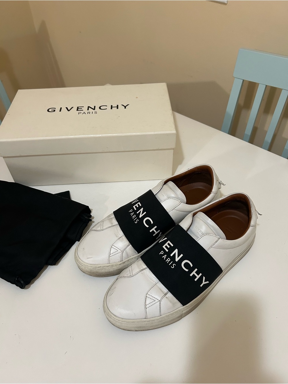 Givenchy White and Black Leather Logo Slip-On Sneakers